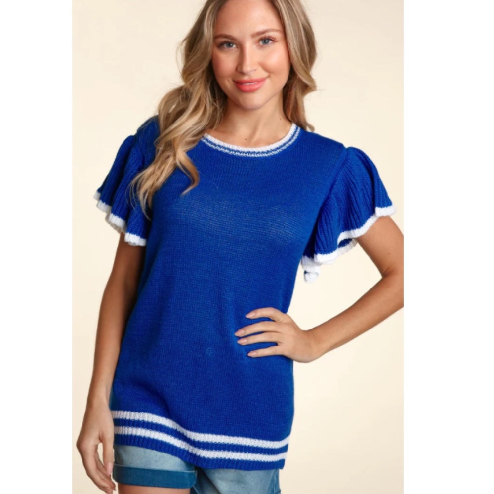 Blue Ruffle Sleeve Knit Top